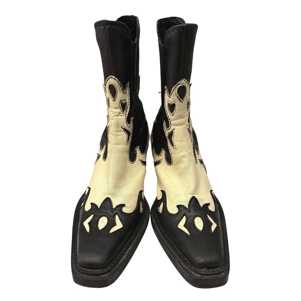 Nasty Gal Western Cowboy Flame Cutout Boots Womens 6 Black White Square Toe